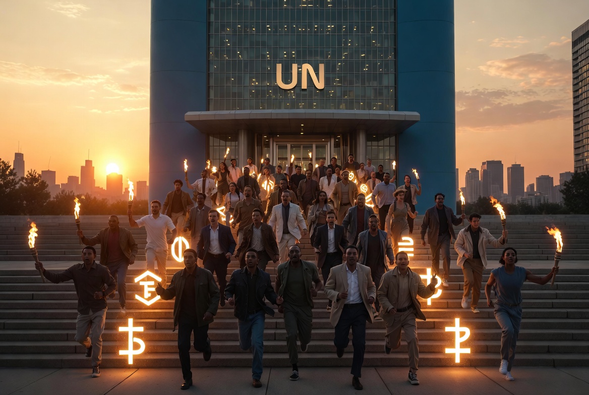 Meet Us in New York – It’s Time to Rise Diverse group of innovators, freedom fighters, and leaders ascending the steps of the United Nations headquarters at sunrise, carrying torches and glowing blockchain symbols