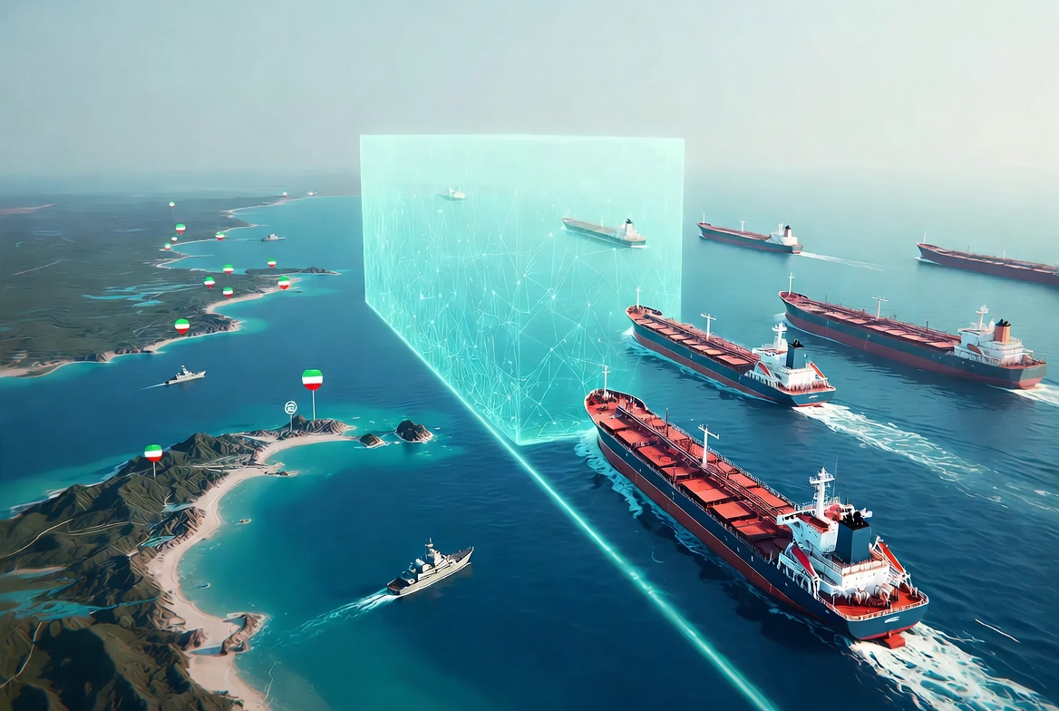 Conceptual illustration of competing claims over the Strait of Hormuz with digital verification elements.