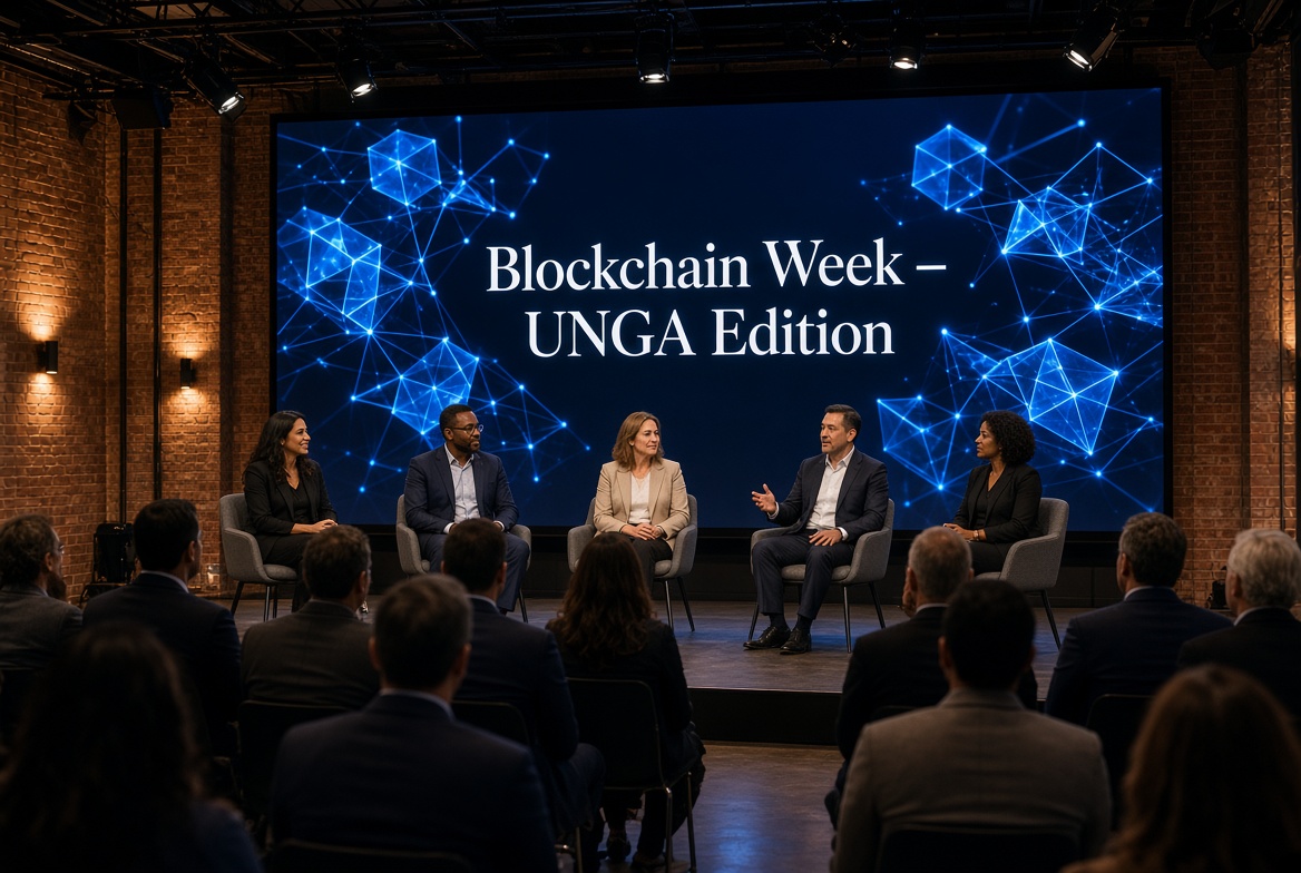 Flagship Conference Stage – Blockchain Week UNGA Edition Diverse panel of five professional speakers seated on a modern stage in front of a large screen reading Blockchain Week – UNGA Edition with blue geometric network graphics