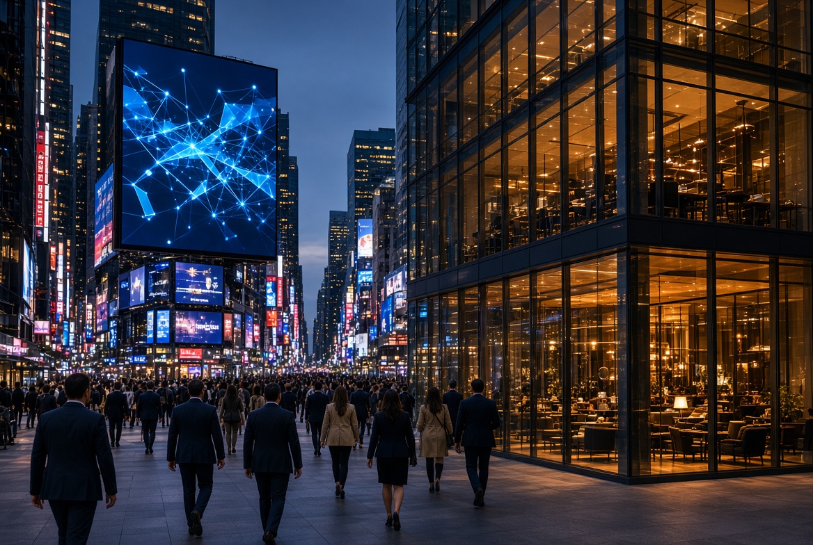 Times Square Venue – Blockchain Week UNGA Edition 2026 Professionals walking through Times Square at dusk past a modern glass building with large digital screens displaying abstract blue blockchain network graphics