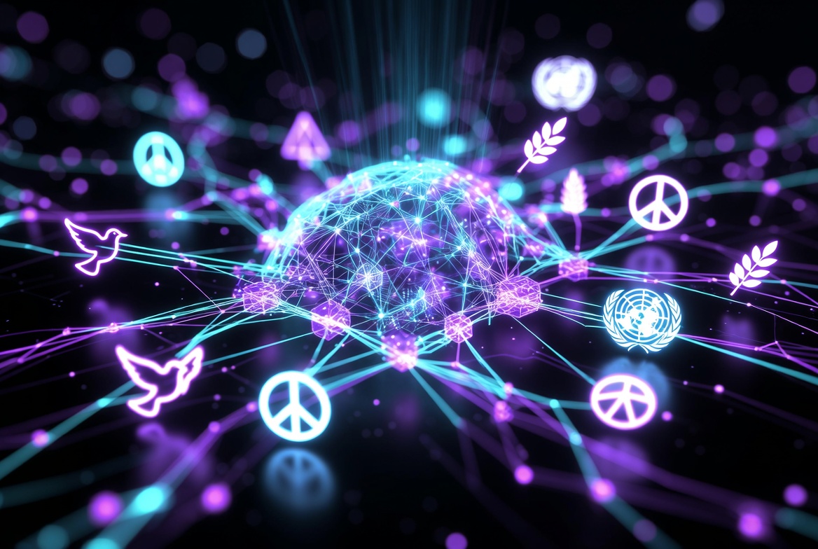 Neon blockchain network connecting global peace symbols, UN emblem, and decentralized trust nodes