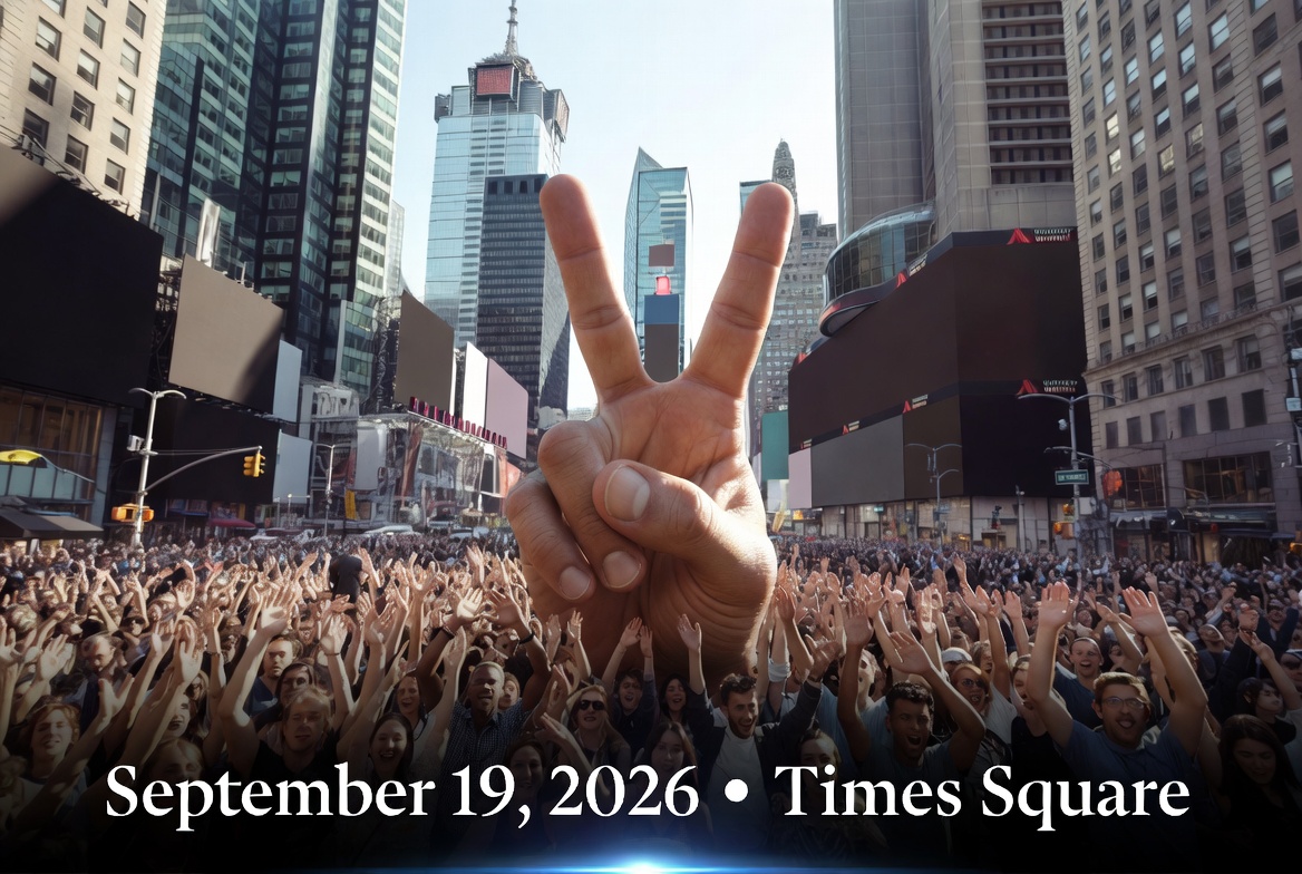 Large diverse crowd in Times Square forming a peace sign with text overlay September 19, 2026