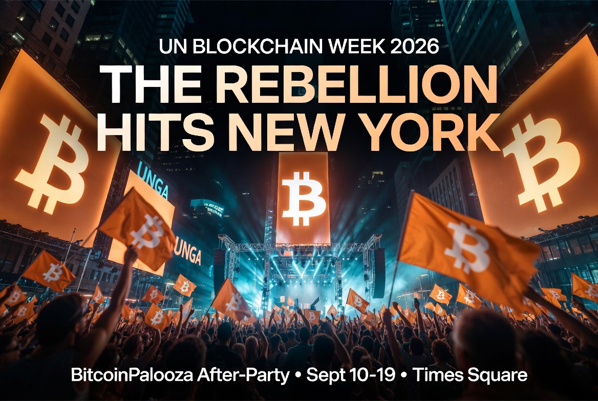 Blockchain Week - UNGA Edition 2026 in Times Square with massive Bitcoin symbols, energetic crowd waving Bitcoin flags, and bold text 'The Rebellion Hits New York' – BitcoinPalooza After-Party Sept 10–19