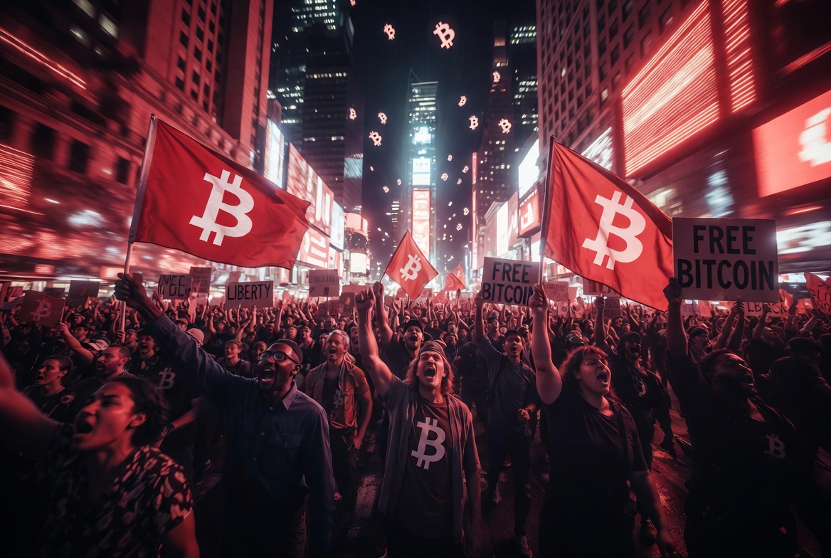 Powerful crowd in Times Square at night holding Bitcoin flags and signs, chanting with revolutionary energy during Blockchain Week - UNGA Edition 2026