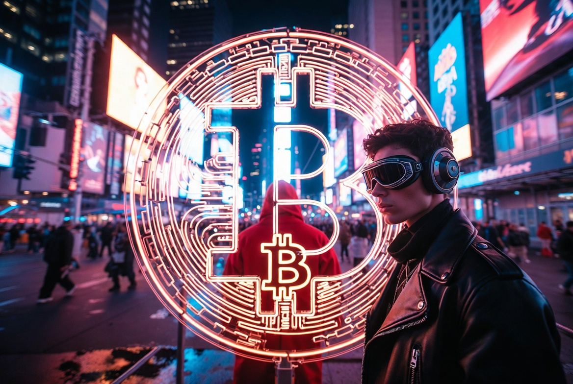 Stylish person in futuristic gear standing in front of a large glowing Bitcoin installation in Times Square at night during Blockchain Week - UNGA Edition 2026
